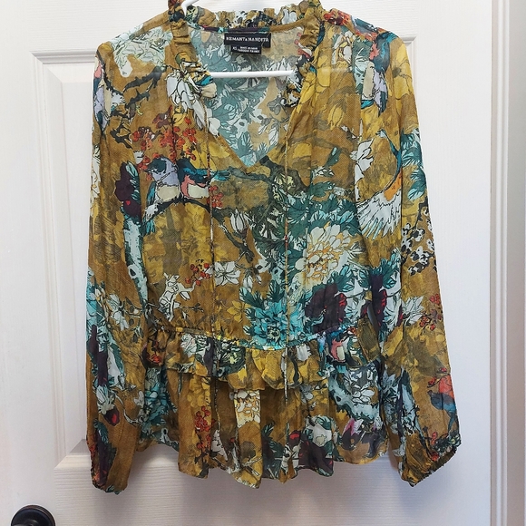 Hemant & Nandita floral ruffle ailk blouse - Picture 1 of 5